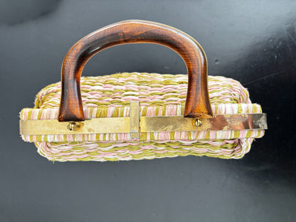 Vintage 1950s Raffia Handbag in Pink, White and Olive with Gold Metal Frame