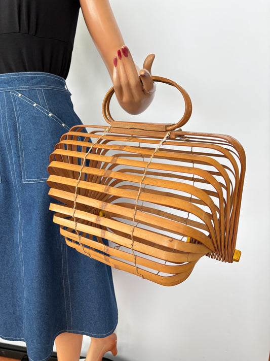 1940s Large Foldable Bamboo Handbag