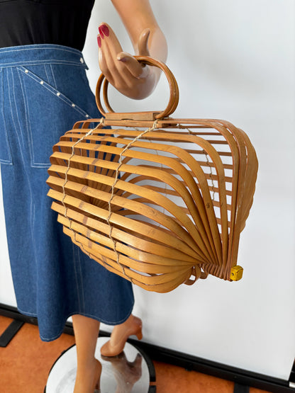 1940s Large Foldable Bamboo Handbag
