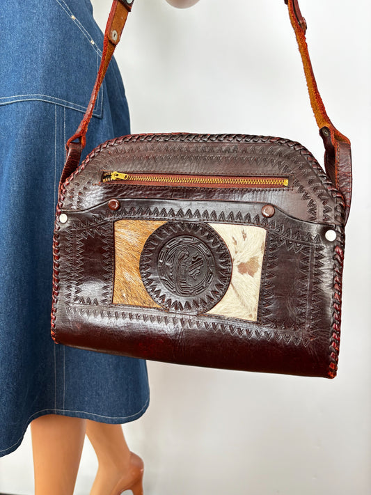 60s 70s Mexican Tooled Leather Bag with Goat Hair and Embossed Bird Motif