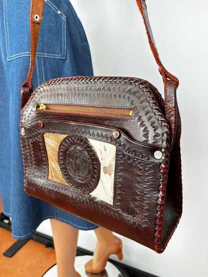 60s 70s Mexican Tooled Leather Bag with Goat Hair and Embossed Bird Motif