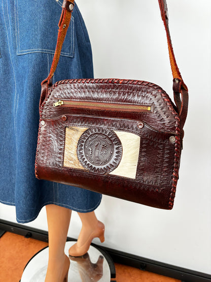 60s 70s Mexican Tooled Leather Bag with Goat Hair and Embossed Bird Motif