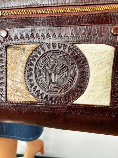 60s 70s Mexican Tooled Leather Bag with Goat Hair and Embossed Bird Motif