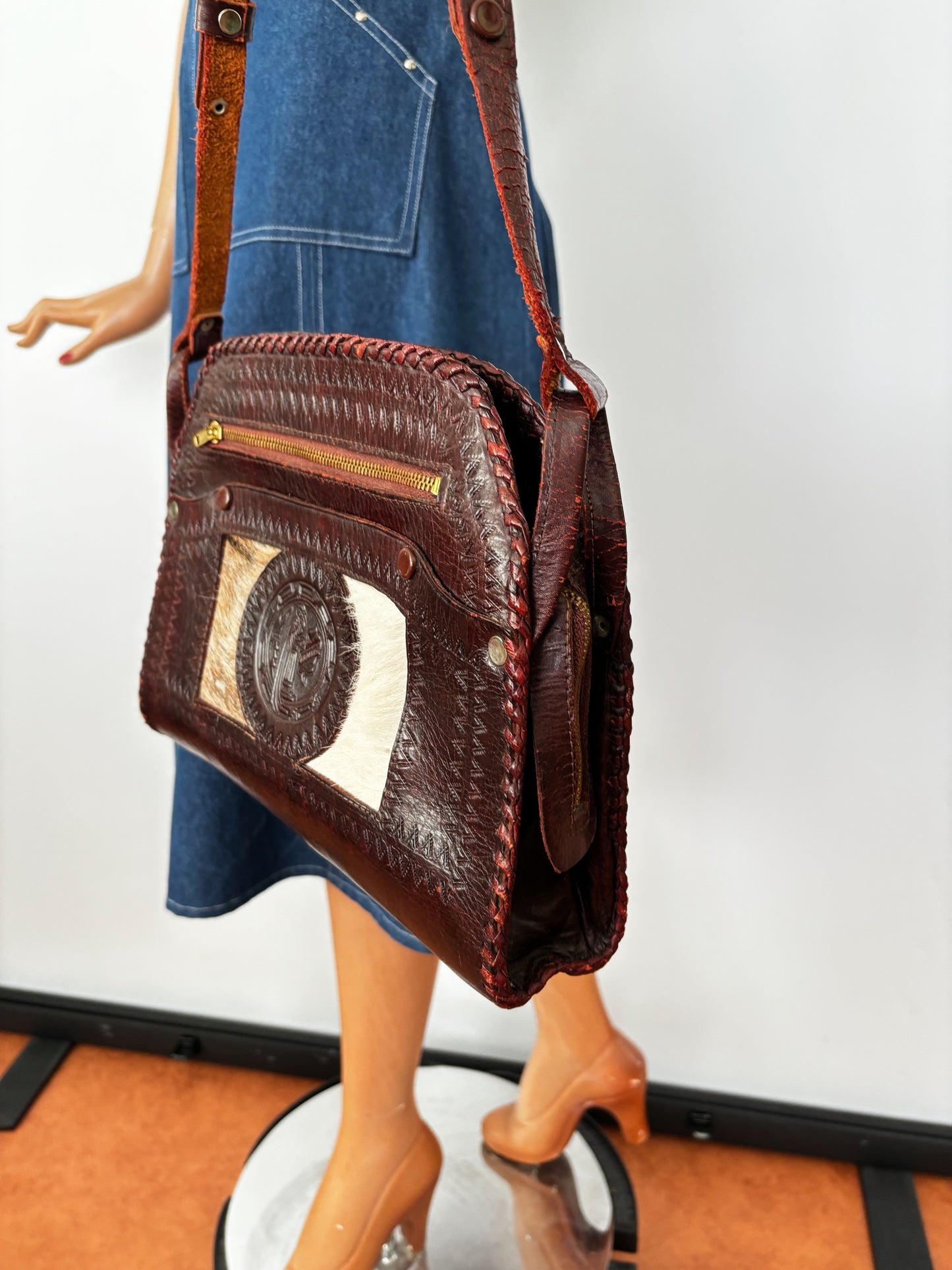 60s 70s Mexican Tooled Leather Bag with Goat Hair and Embossed Bird Motif