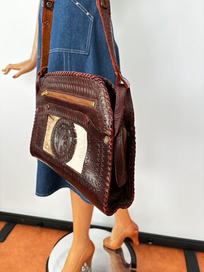 60s 70s Mexican Tooled Leather Bag with Goat Hair and Embossed Bird Motif
