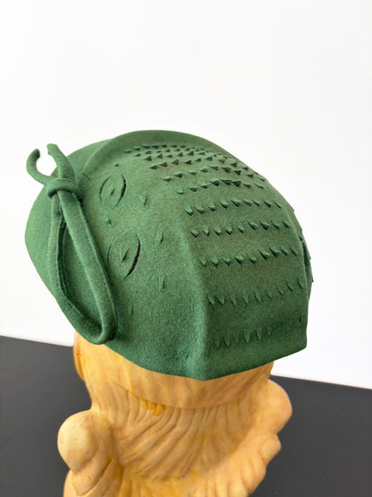 1950s Green Felt Cocktail Hat With Cutwork Leaf Detail