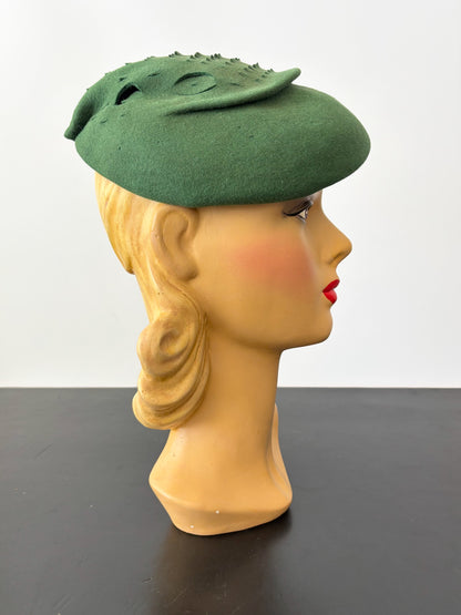 1950s Green Felt Cocktail Hat With Cutwork Leaf Detail