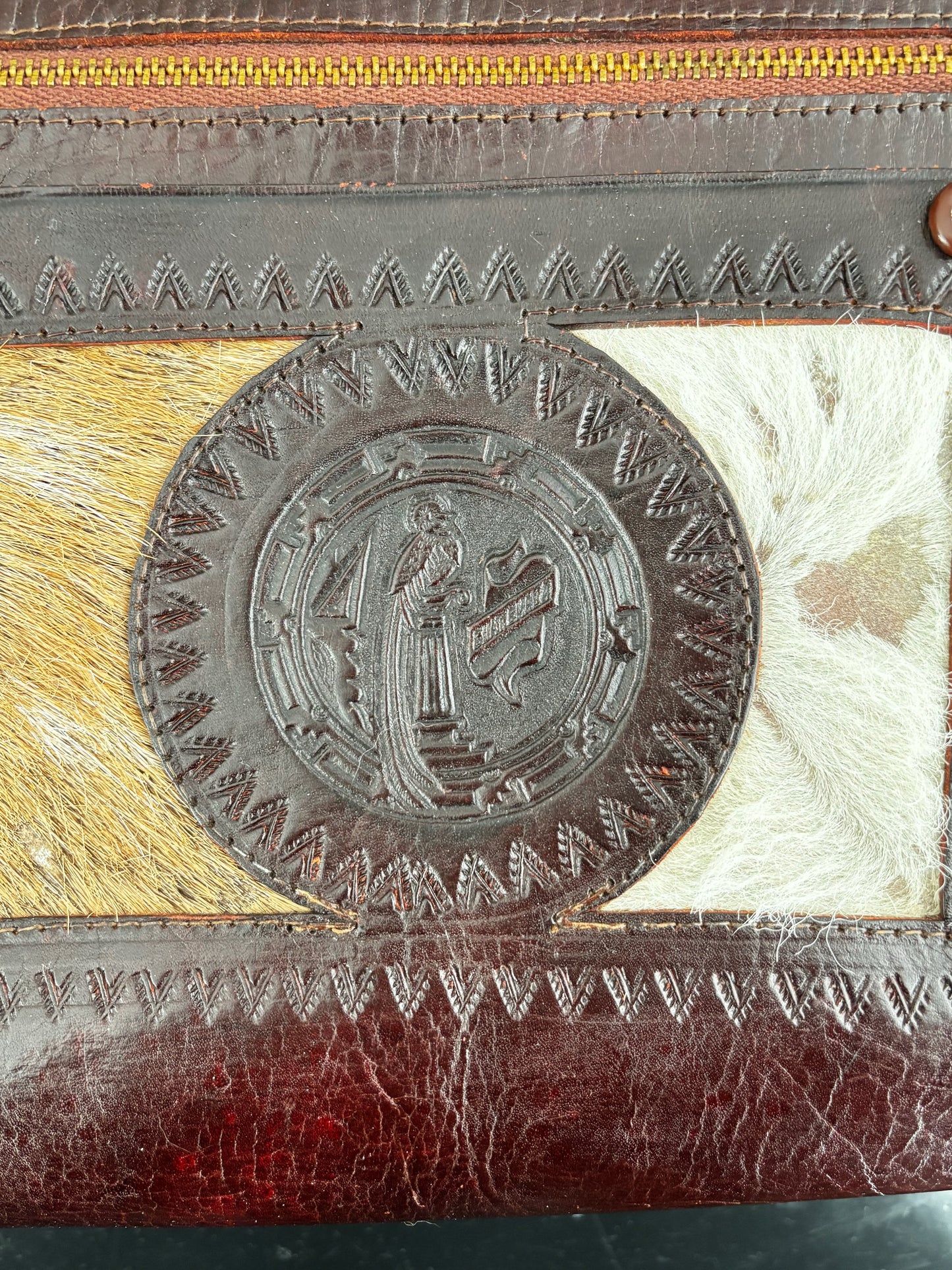 60s 70s Mexican Tooled Leather Bag with Goat Hair and Embossed Bird Motif