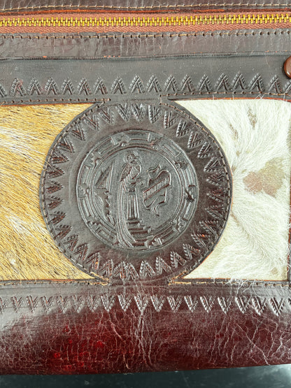 60s 70s Mexican Tooled Leather Bag with Goat Hair and Embossed Bird Motif