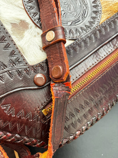 60s 70s Mexican Tooled Leather Bag with Goat Hair and Embossed Bird Motif