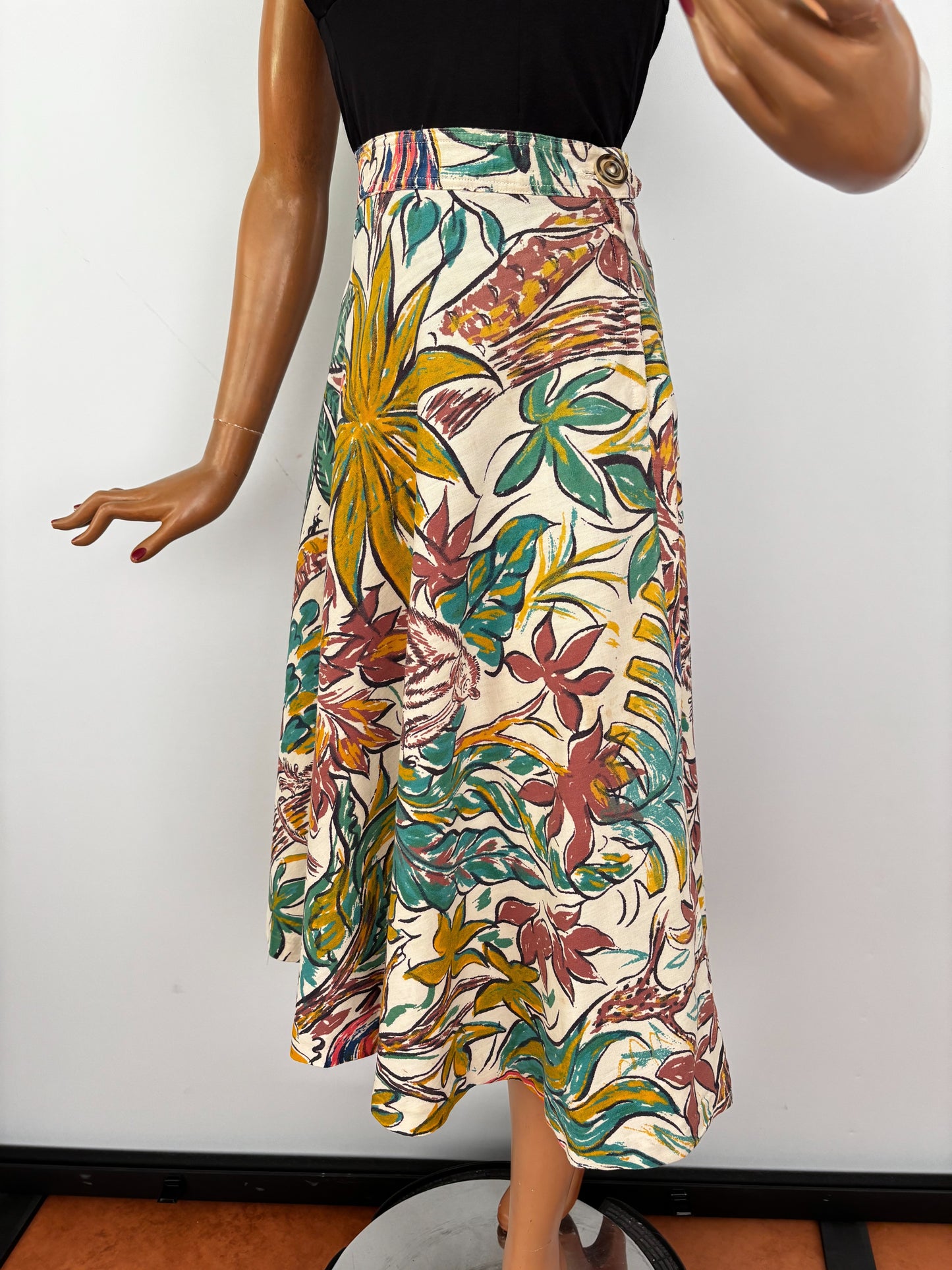 1950s Hand-Painted Mexican Jungle Skirt with Monkeys and Birds | Small