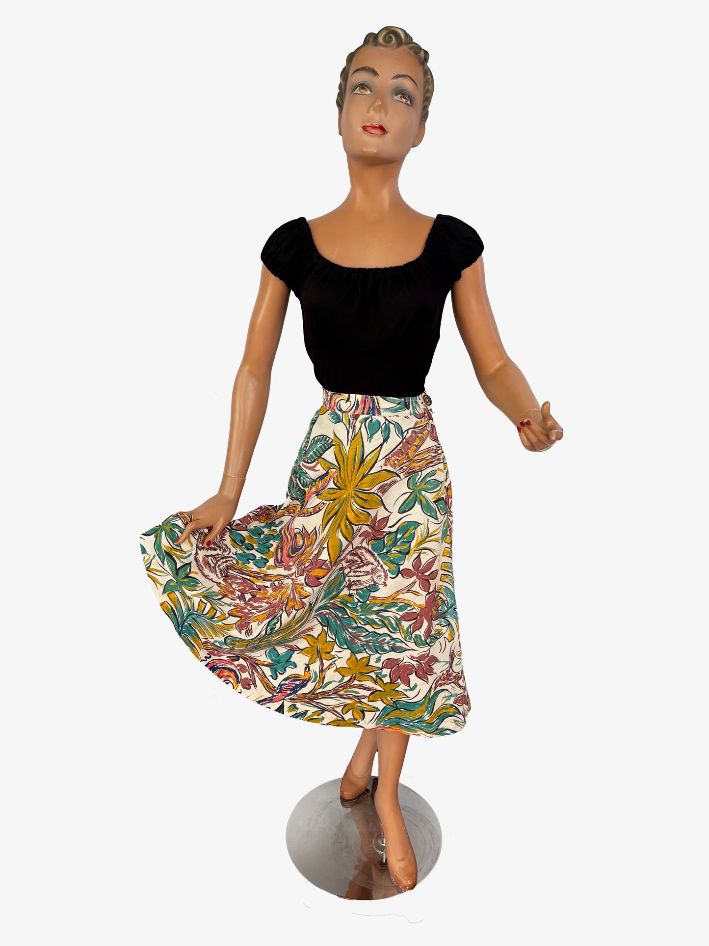 1950s Hand-Painted Mexican Jungle Skirt with Monkeys and Birds | Small
