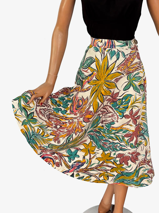 1950s Hand-Painted Mexican Jungle Skirt with Monkeys and Birds | Small