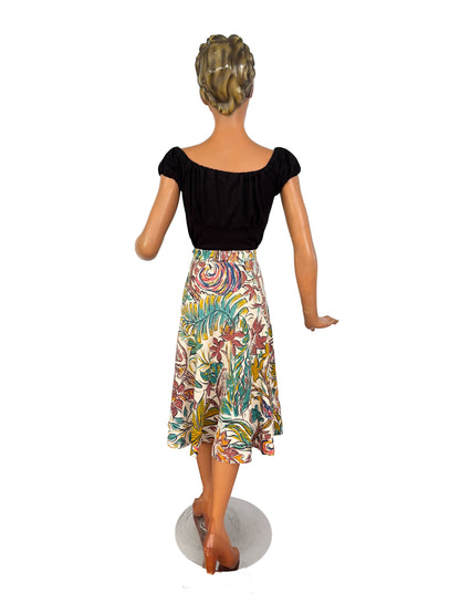 1950s Hand-Painted Mexican Jungle Skirt with Monkeys and Birds | Small
