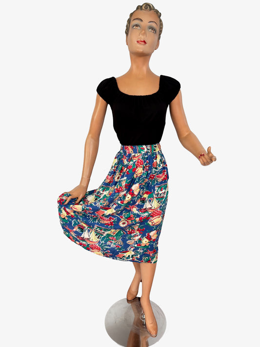 1940s/50s Style Viscose Skirt with Summer Novelty Print  | Small