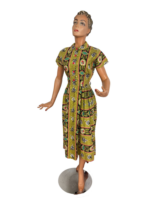 1950s Poplin Cotton Shirtwaist Dress with Novelty-Inspired Print and Carved Buttons | Small