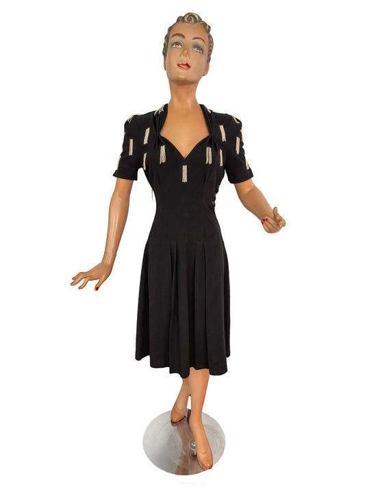 1940s Crepe Wool Dress with Pearl Beaded Strands | XS/S