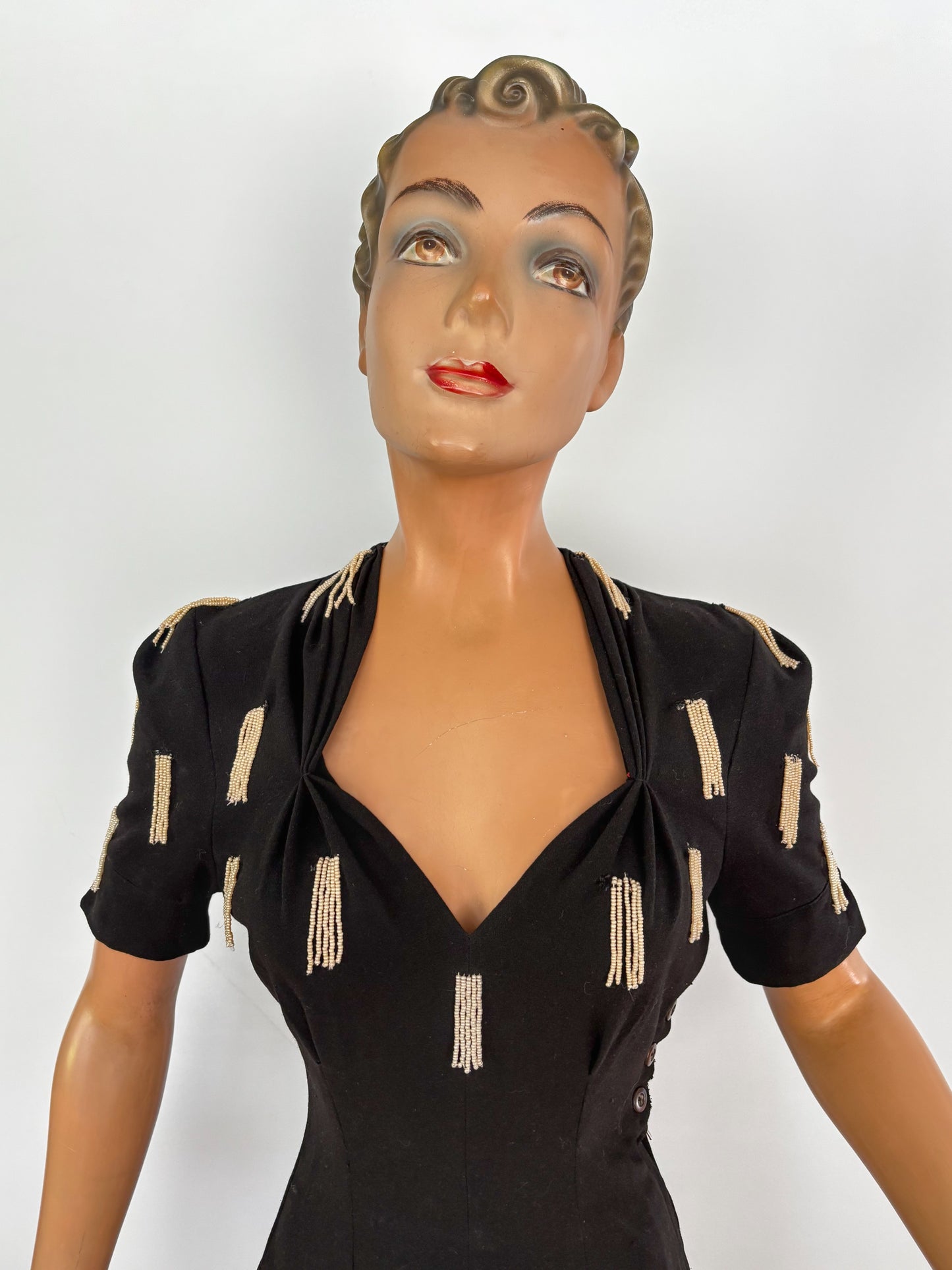 1940s Crepe Wool Dress with Pearl Beaded Strands | XS/S