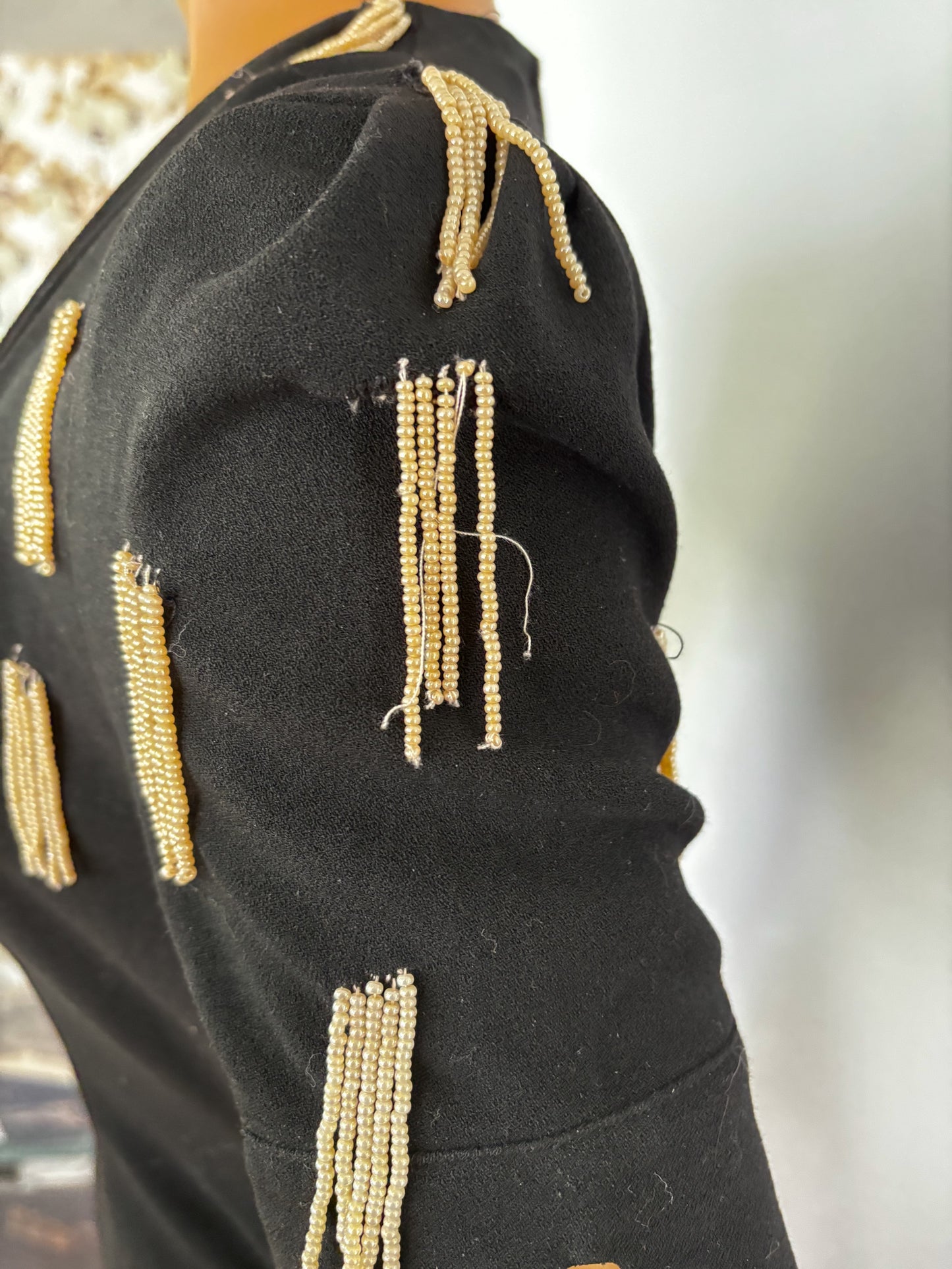 1940s Crepe Wool Dress with Pearl Beaded Strands | XS/S