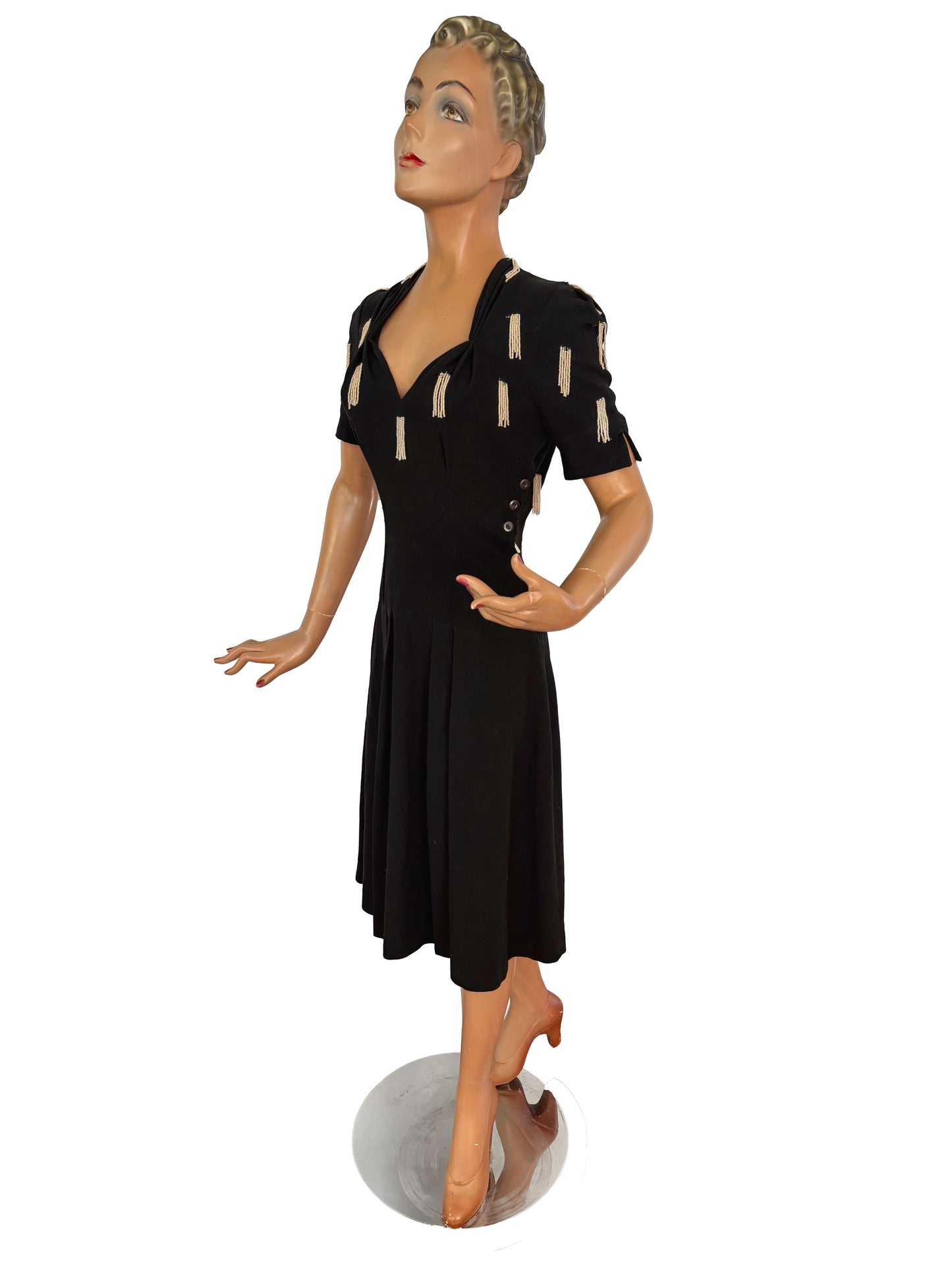 1940s Crepe Wool Dress with Pearl Beaded Strands | XS/S