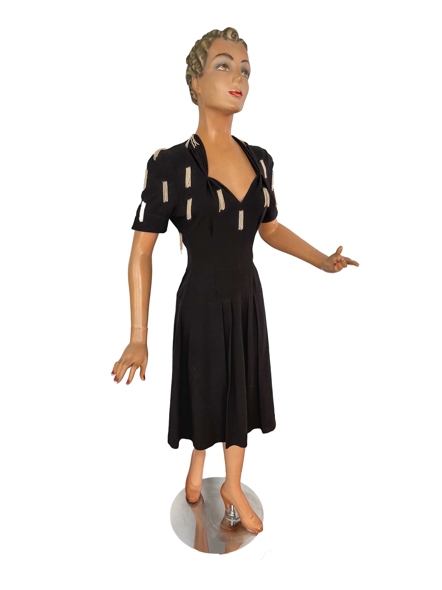 1940s Crepe Wool Dress with Pearl Beaded Strands | XS/S