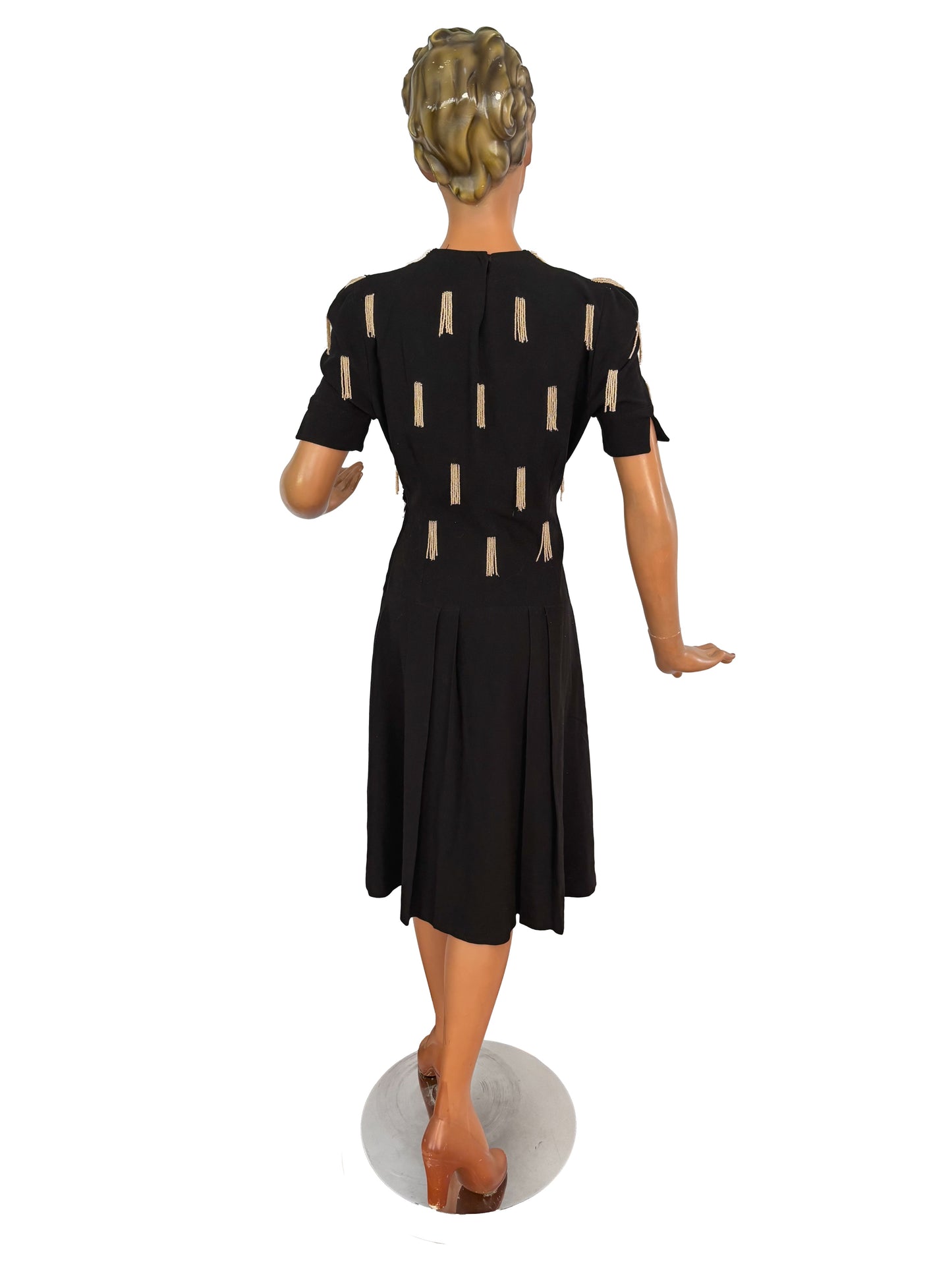 1940s Crepe Wool Dress with Pearl Beaded Strands | XS/S