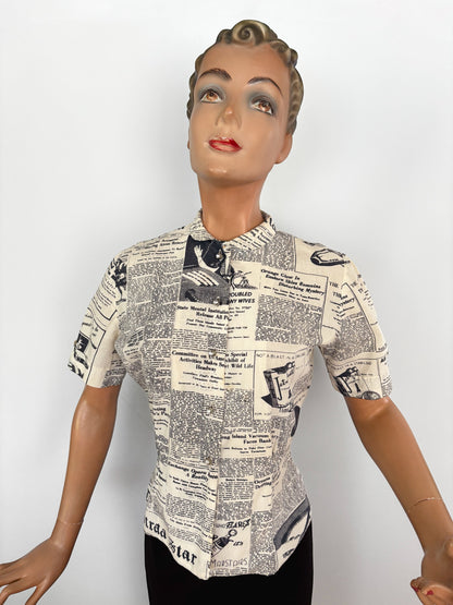 Rare 1950s Sci-Fi Novelty Print Blouse – “Strata Star” Faux Newspaper | Small