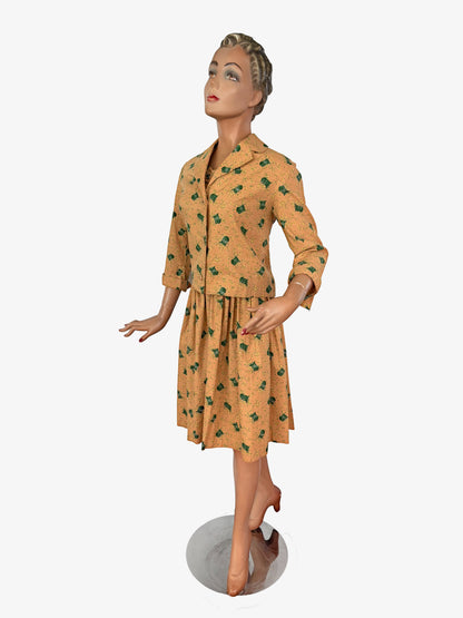 1950s Two Piece Cotton Dress and Jacket Set with Bandstand Print | XS