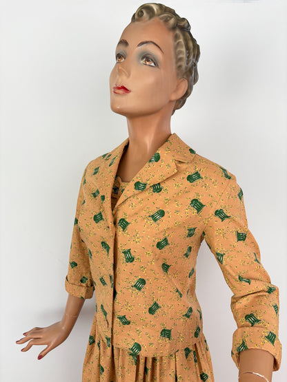 1950s Two Piece Cotton Dress and Jacket Set with Bandstand Print | XS