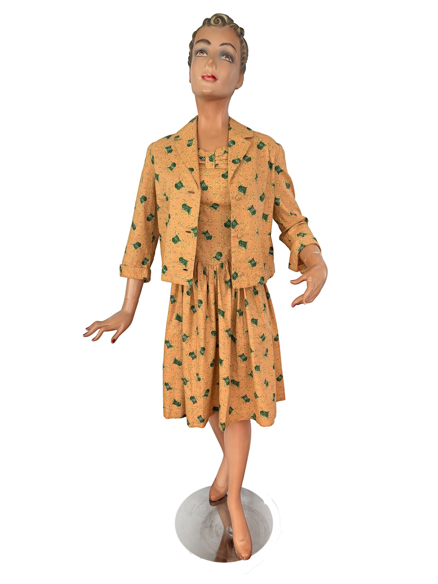 1950s Two Piece Cotton Dress and Jacket Set with Bandstand Print | XS