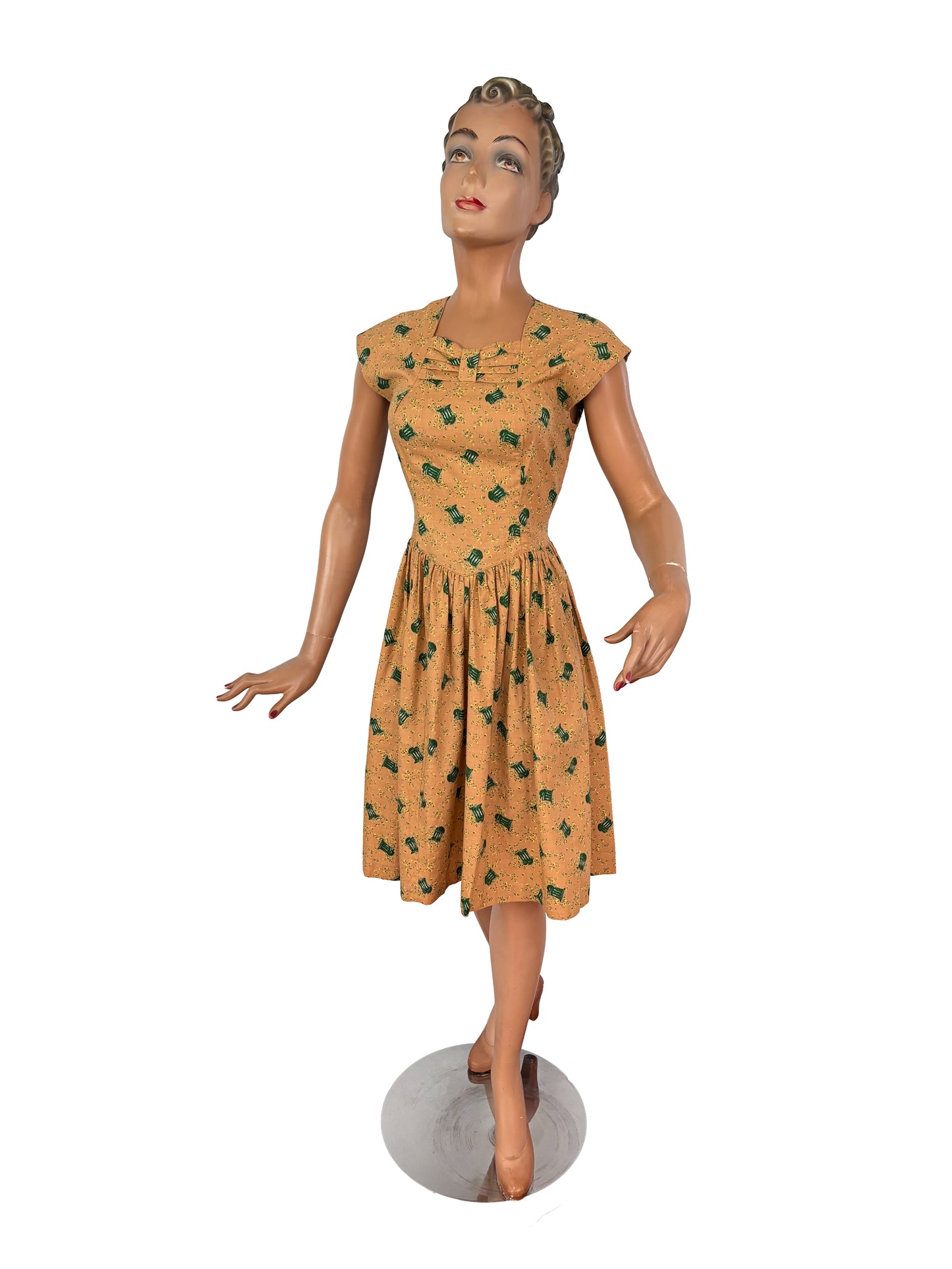 1950s Two Piece Cotton Dress and Jacket Set with Bandstand Print | XS