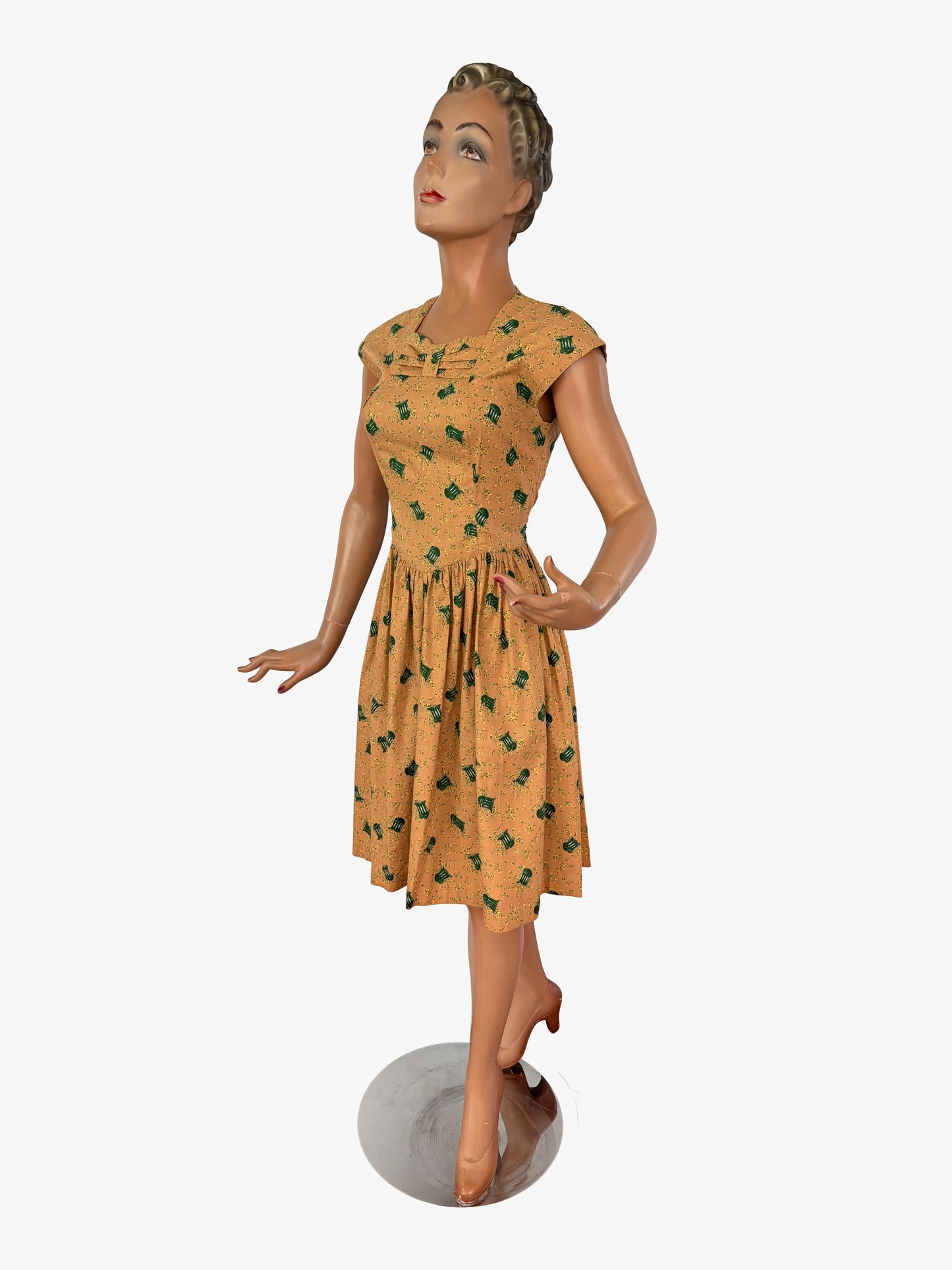 1950s Two Piece Cotton Dress and Jacket Set with Bandstand Print | XS