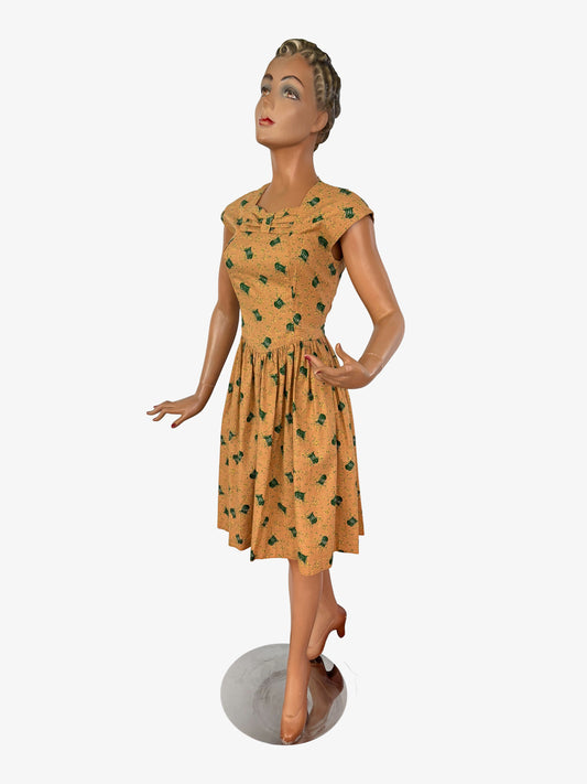 1950s Two Piece Cotton Dress and Jacket Set with Bandstand Print | XS