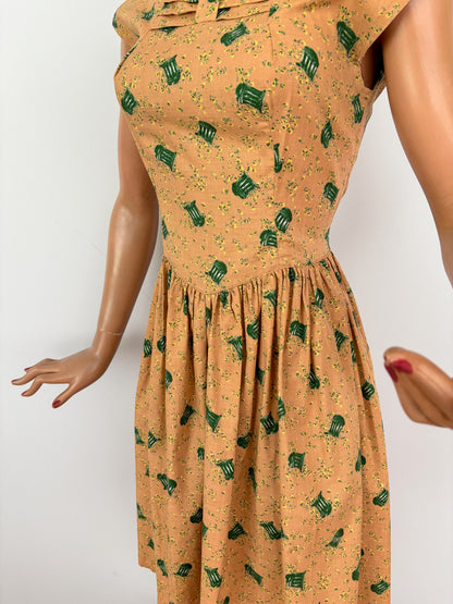 1950s Two Piece Cotton Dress and Jacket Set with Bandstand Print | XS