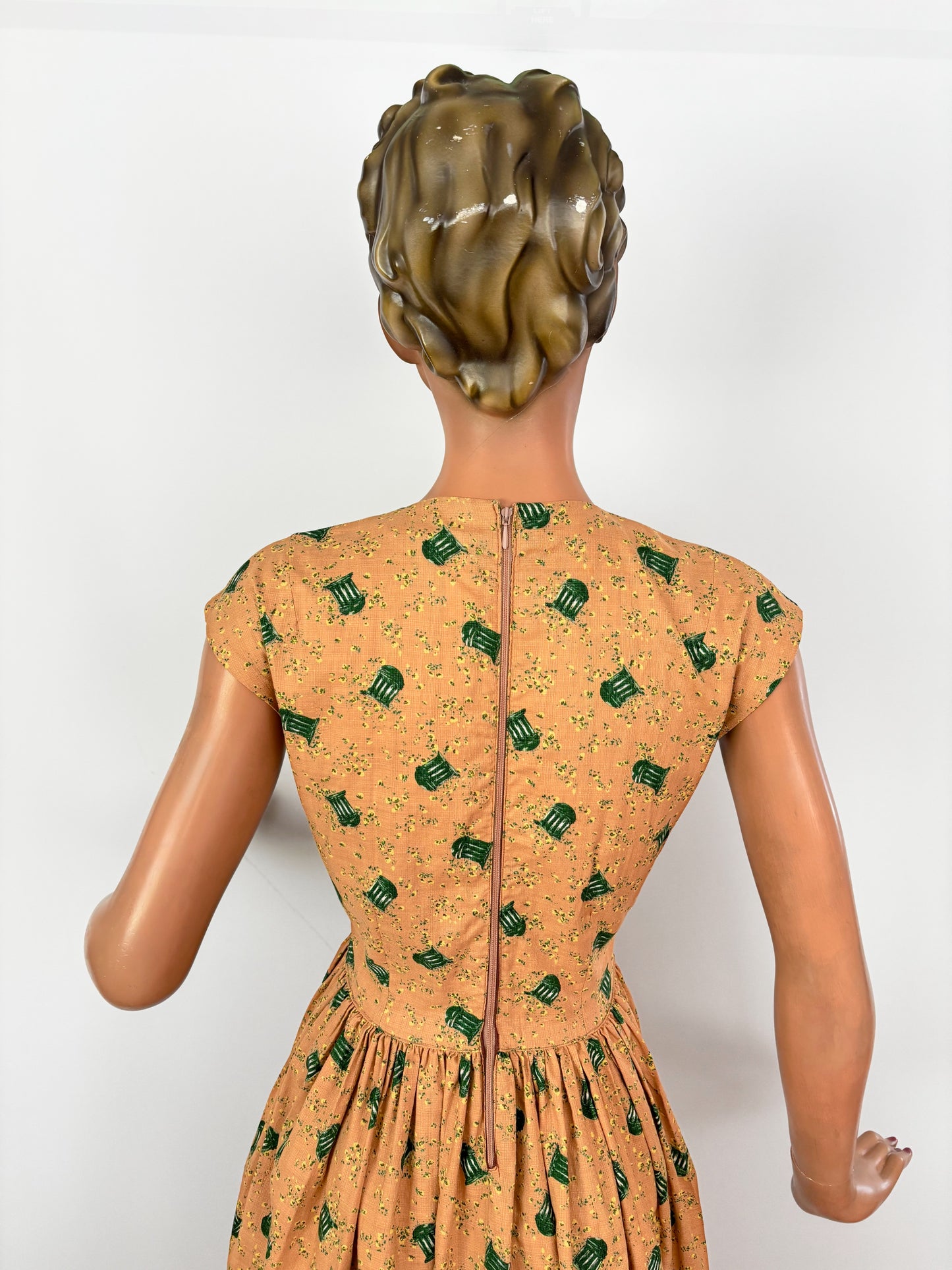 1950s Two Piece Cotton Dress and Jacket Set with Bandstand Print | XS