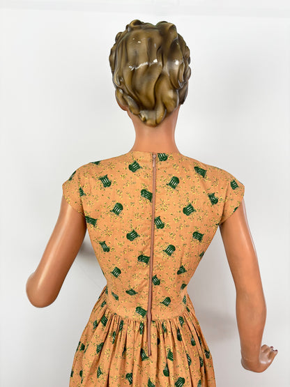 1950s Two Piece Cotton Dress and Jacket Set with Bandstand Print | XS
