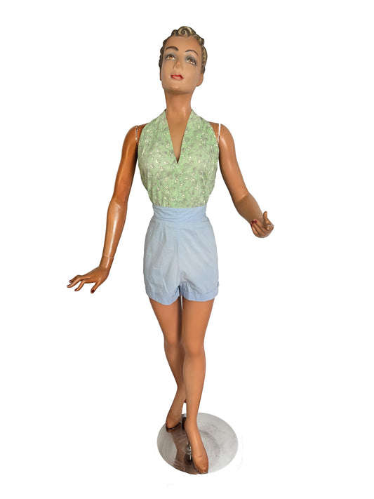 1950s Light Blue High-Waisted Cotton Shorts by Tony Owen | XS