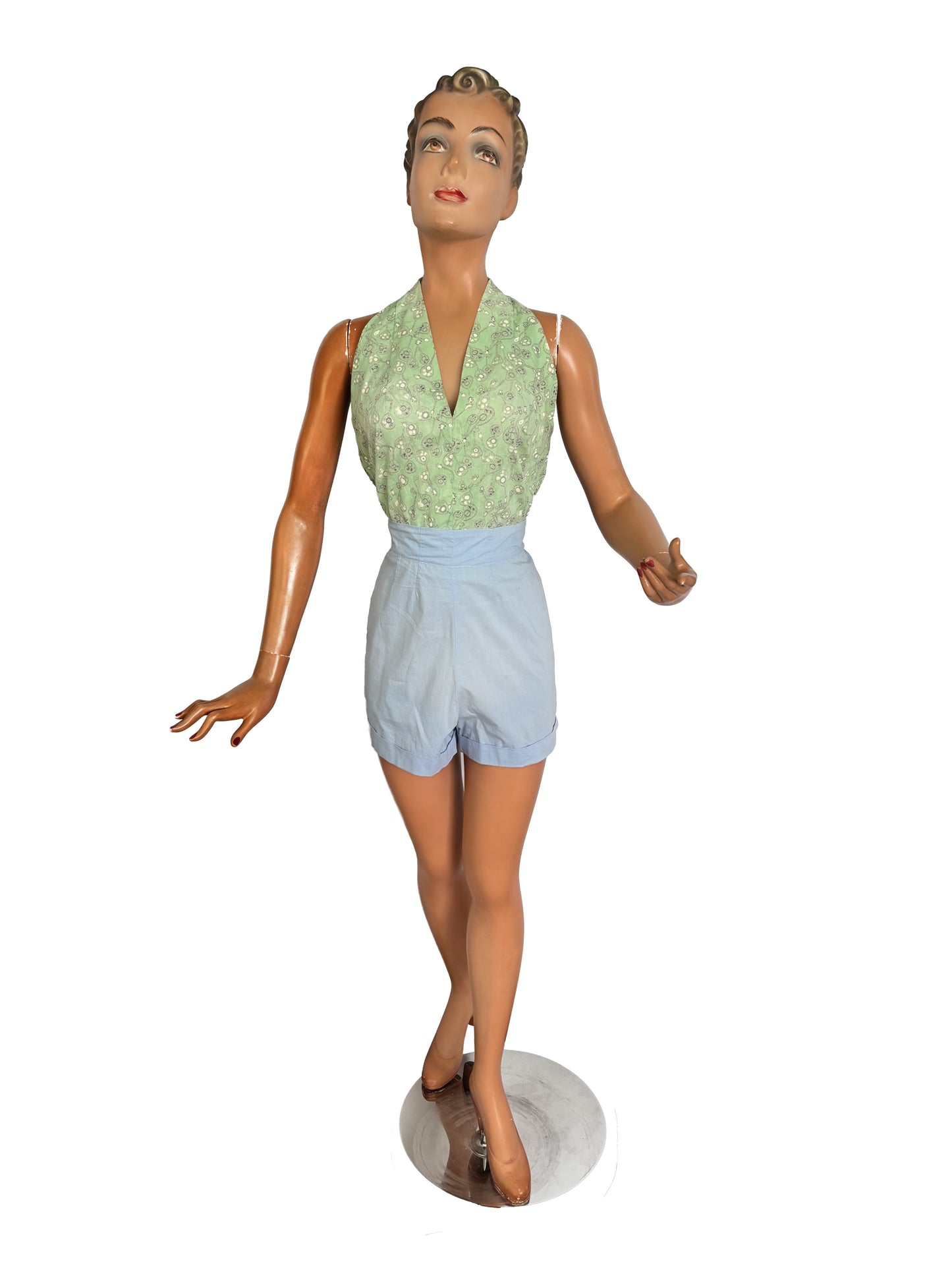 50s Style Light Green Halter Top with Mandoline Novelty Print | XS