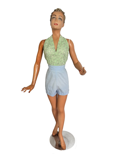 50s Style Light Green Halter Top with Mandoline Novelty Print | XS