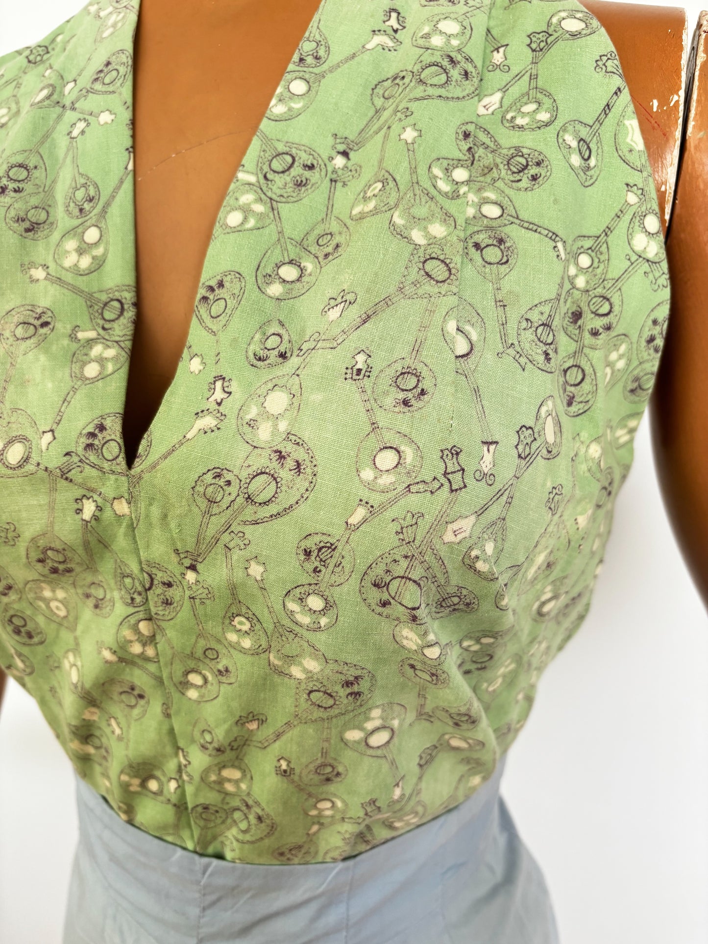 50s Style Light Green Halter Top with Mandoline Novelty Print | XS