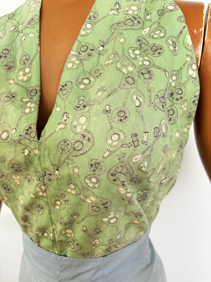 50s Style Light Green Halter Top with Mandoline Novelty Print | XS