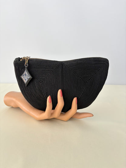 1940s Black Corde Zip Clutch Pouch