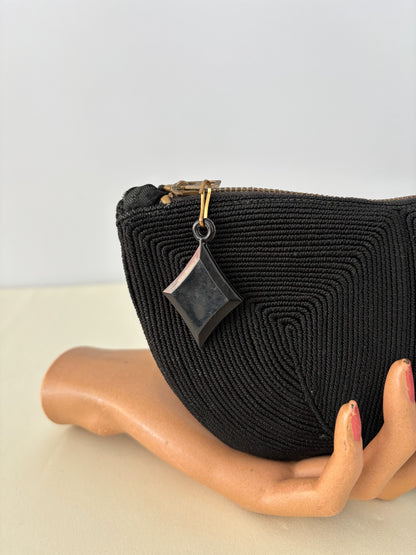 1940s Black Corde Zip Clutch Pouch