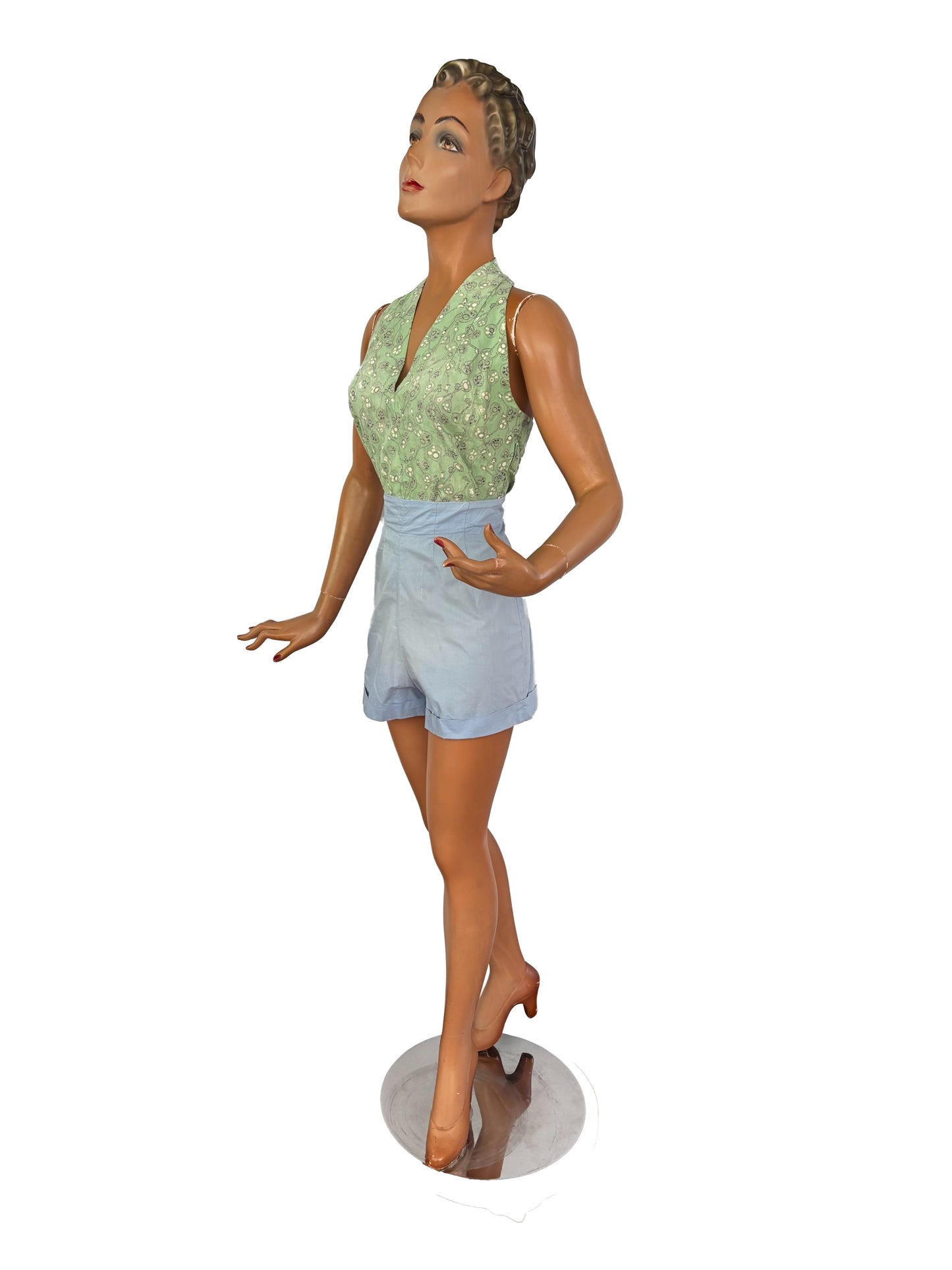 50s Style Light Green Halter Top with Mandoline Novelty Print | XS