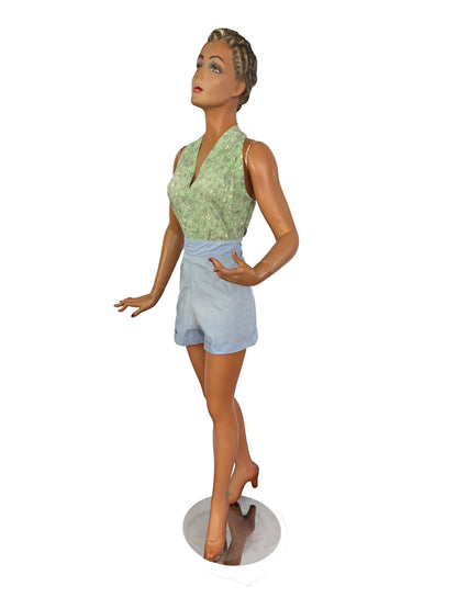 50s Style Light Green Halter Top with Mandoline Novelty Print | XS