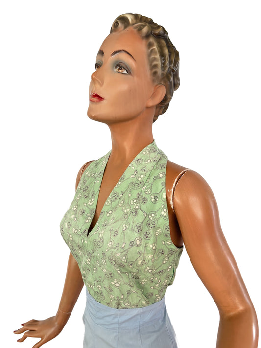 50s Style Light Green Halter Top with Mandoline Novelty Print | XS