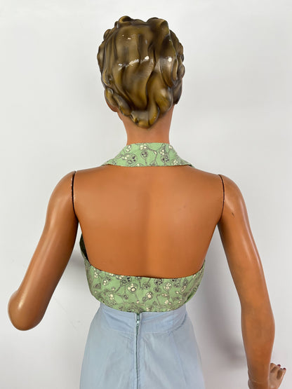 50s Style Light Green Halter Top with Mandoline Novelty Print | XS