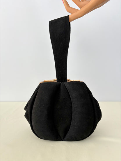 1940s Black Suede Wristlet Evening Bag