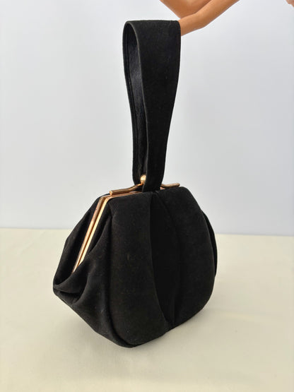 1940s Black Suede Wristlet Evening Bag