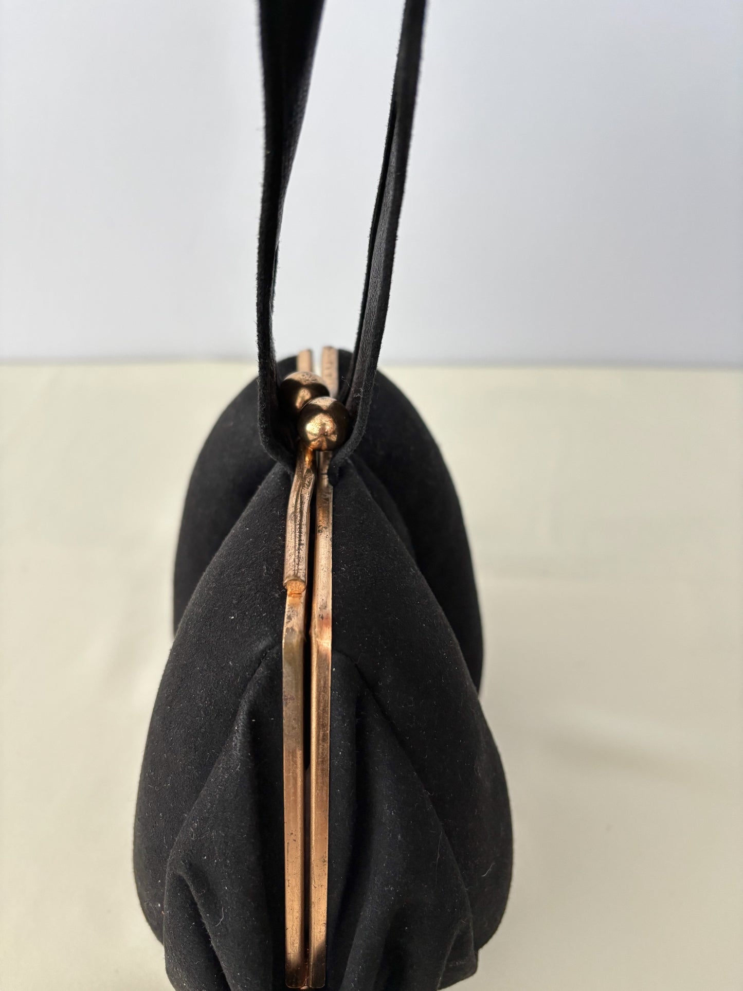 1940s Black Suede Wristlet Evening Bag